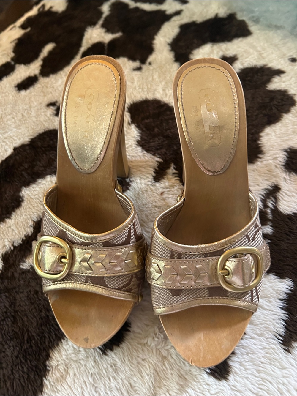 Coach Metallic Gold Logo Mules with Buckle